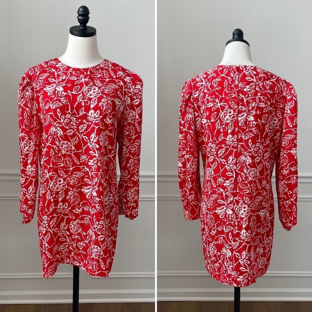 Vintage 80s St Gillian 100% Silk Red White Shift Dress Pouf Sleeve 10 M